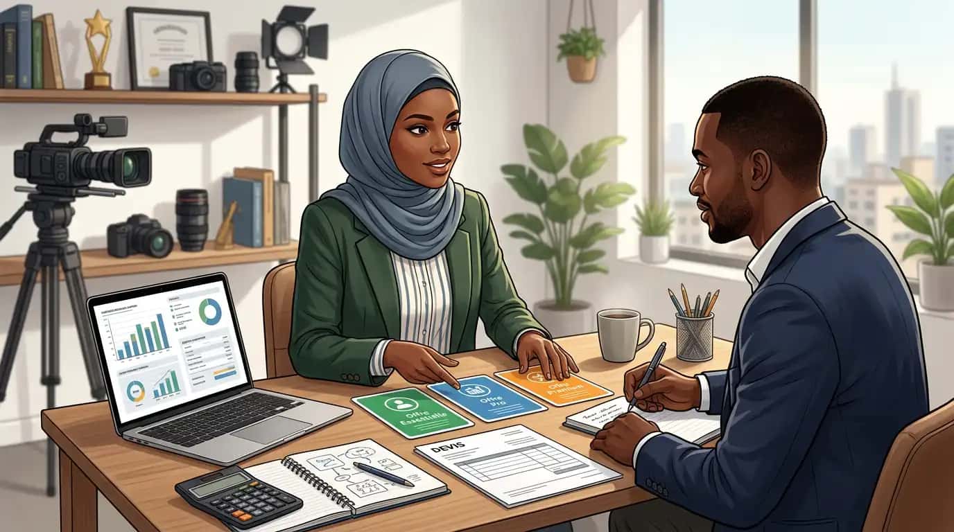 Cover Pricing et devis filmmaker en FCFA — packages, tarifs jour, gros budget